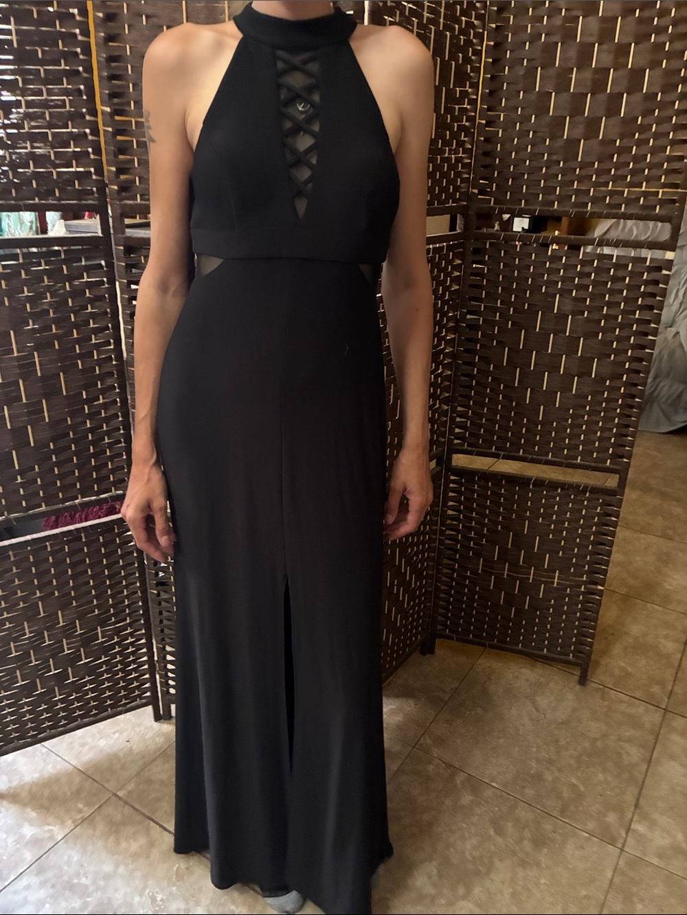 Avery AG Black Halter Evening Dress with Lattice Front & Mesh Inserts 12